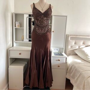 Vintage Brown Beaded Prom Gown Dress